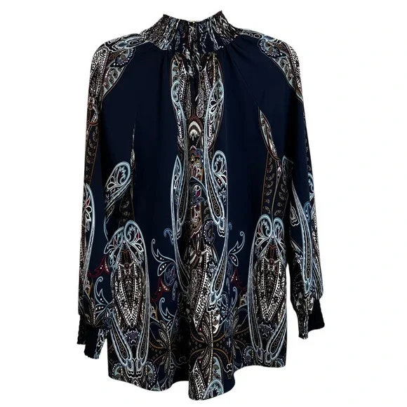 Chicos Sz 2 US L / 12 Paisley Print Smocked‎ Mock Neck Long Sleeve Blouse - Picture 8 of 9